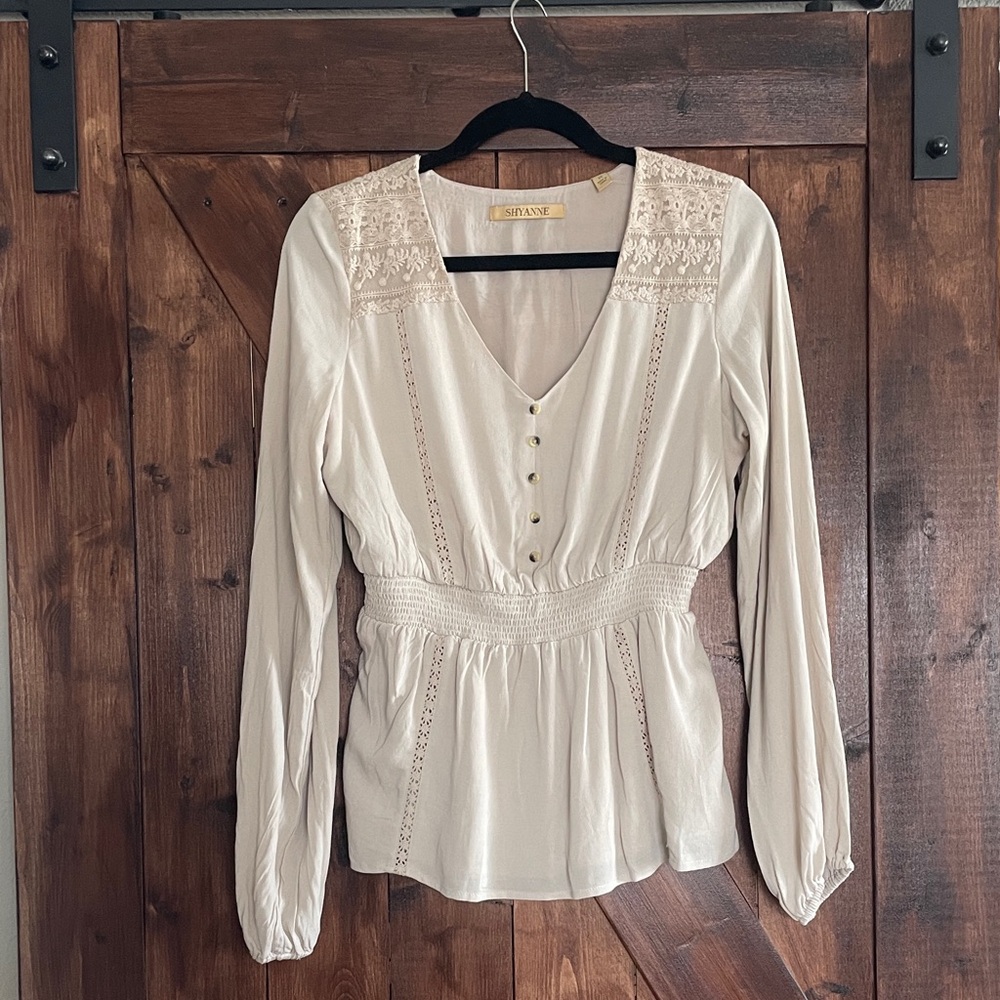 Shyanne Ivory Button-Front Blouse with Lace Accents